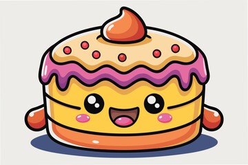 Poster - Cute vector illustration of a happy cartoon cake with colorful icing and a smile, perfect for children's party themes or dessert-related designs