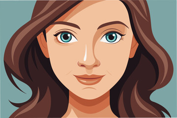 Poster - Vector illustration of a confident woman with long brown hair and green eyes, showcasing a friendly expression in a minimalistic style against a light background