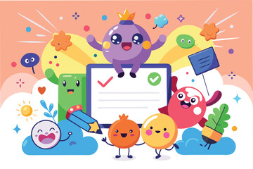 Poster - Cheerful vector illustration of colorful cartoon characters celebrating success with a laptop and fun objects in a vibrant background