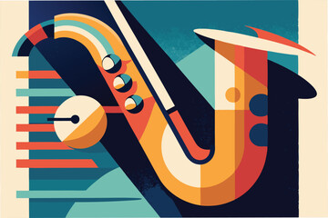 Leinwandbilder - Colorful vector illustration of a saxophone with musical notes set against a geometric background