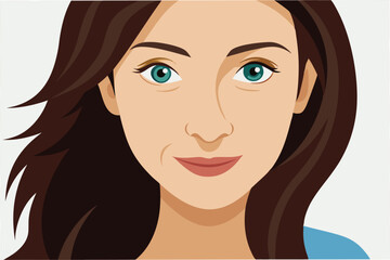 Poster - Vector illustration of a confident woman with long brown hair and green eyes, showcasing a friendly expression in a minimalistic style against a light background