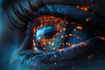 Wall Mural - close-up of an eye reflecting digital data and illuminated elements