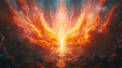 Wall Mural - A vibrant cosmic explosion with bright orange and yellow nebula clouds in a star filled space