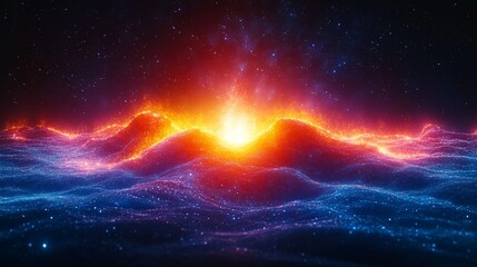 Wall Mural - A vibrant cosmic landscape with nebula clouds and a bright central light source in the dark space