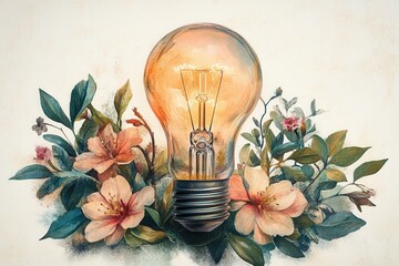 Leinwandbilder - Light bulb surrounded by colorful flowers and greenery, showcasing a blend of art and nature in a vibrant display of creativity