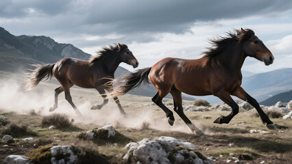 Naklejka na meble Wild Horses in Windy Weather in the Italian Abruzzo Mountains – Nature Wildlife Scene Outdoors

