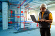 © Grispb - Engineer with laptop analyzing HVAC system blueprint at construction site, focusing on digital planning and building services. – Engineering, Construction, HVAC, Building Design.