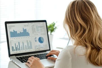 Fototapete - Woman working on laptop with business data analysis charts and graphs in modern office environment during daytime