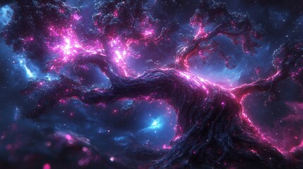 Wall Mural - A cosmic tree with branches glowing in pink and blue against a dark nebula space background view