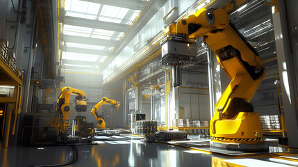 Poster - Modern Factory Interior with Yellow Industrial Robots