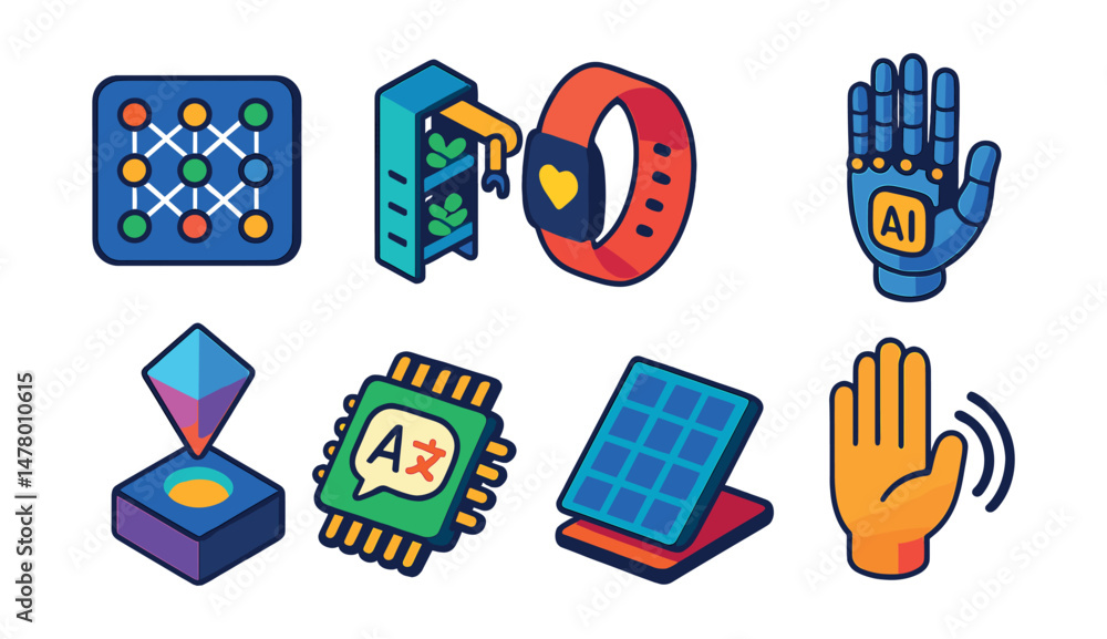 Isometric flat vector icons of Tech Breakthroughs: AI neural network ...
