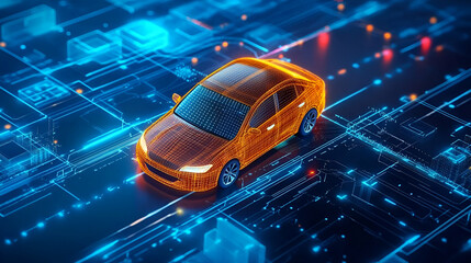 Fototapete - Orange Glowing Digital Car on Blue Circuit Board