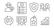 © Александр Михайлюк - Line style icons of inclusive feedback: anonymous suggestion icon, inclusive survey file, no judgment form badge, peer review with care, open feedback loop chart, collective learning board, review