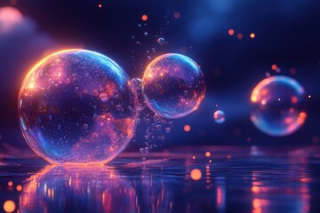 Wall Mural - Abstract spheres of light, reflecting in a dark surface
