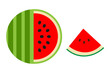 © Monika Jurczyk - Fun, minimal watermelon vector illustration featuring a whole fruit with green striped rind and a red, seeded interior, alongside a triangular watermelon slice, isolated on a white background. PNG