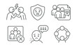 © Olha - Line style icons of peer-related therapy themes: peer conflict icon, fear of judgment badge, friend group tag, online drama file, fitting in board, rejection hurt chart, social pressure bubble,