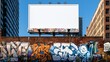 ©  BG stock - blank billboard featuring a white frame on top of an art school building, painted murals below, gritty realism, sharp details, architectural edge alignment