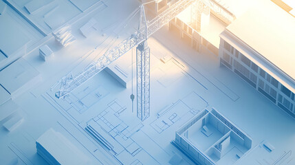 Fototapete - White Model of City Under Construction with Crane