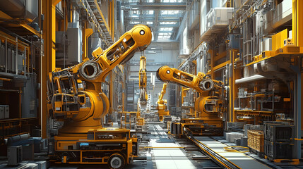 Poster - Yellow Industrial Robots in Modern Factory Setting