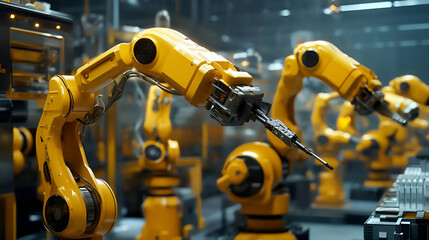 Poster - Yellow Industrial Robots on Assembly Line in a Modern Factory