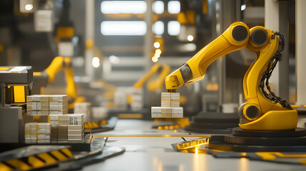 Poster - Yellow Robotic Arm Moving Boxes in a Modern Factory