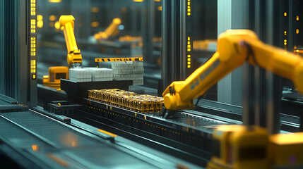 Poster - Yellow Robotic Arms on Assembly Line in Modern Factory