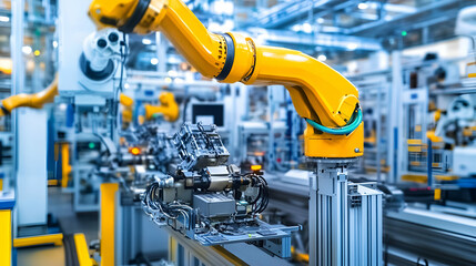 Poster - Yellow Robotic Arms on Assembly Line in Modern Factory