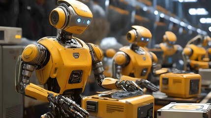Poster - Yellow Robots on Assembly Line in Futuristic Factory
