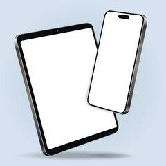 Wall Mural - smartphone with tablet mockup with blank screens while levitating in the air on a blue background