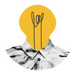 © ugguggu - Trendy halftone collage element. Person, businessman, expert with light bulb instead head. Idea, brainstorming, problem solution concept Modern retro sticker for mixed media design vector illustration