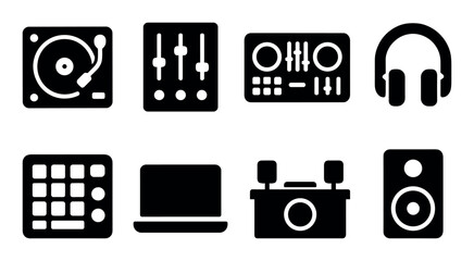Dj equipment icons set, solid style, including turntable, mixer, headphones, for modern app ui