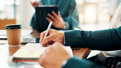 Aufkleber - Hands, notebook and writing at meeting, office and business people with planning, strategy and brainstorming. Person, boardroom and notes with review, agenda or project management at finance agency