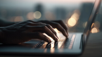 Wall Mural - close-up of hands typing on laptop keyboard, illuminated by warm city lights, conveying focus, produ