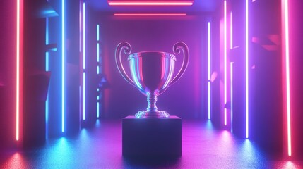 Aufkleber - Silver trophy on black pedestal in neon-lit room. (1)
