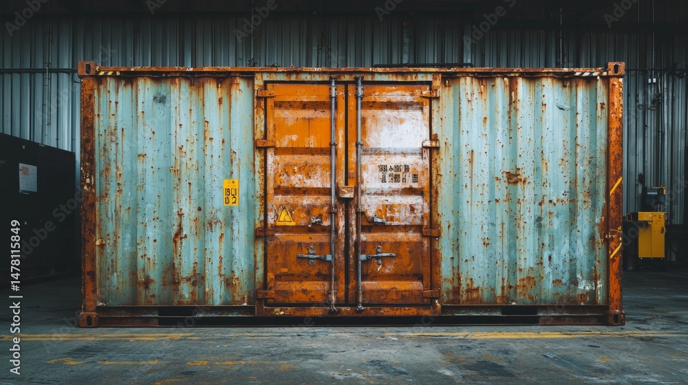 Rusty Container Panel Rusty shipping container in an industrial warehouse showing signs of ...