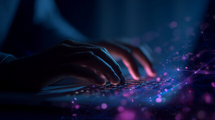 Wall Mural - close-up of hands typing on laptop keyboard, illuminated by blue and purple light, abstract network 