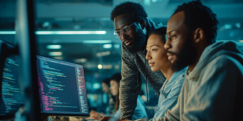 Three diverse programmers collaborate intensely over computer code, showcasing teamwork and late-night software development