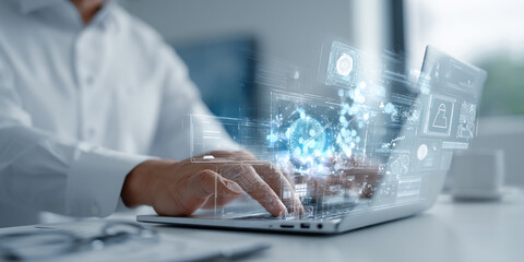 Wall Mural - person's hands interact with a laptop, holographic data displays project above the keyboard, showcas