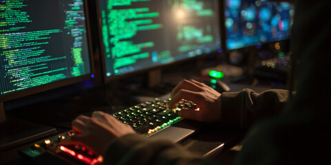 Wall Mural - close-up of hands typing on illuminated keyboard, green code displayed on surrounding computer scree