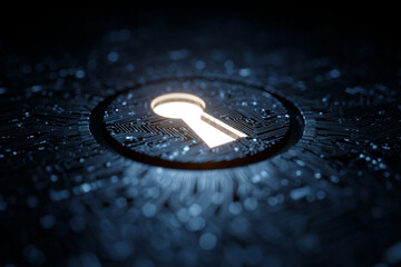 glowing keyhole on circuit board, abstract digital security concept, symbolizing data protection and