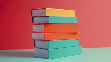 Aufkleber - Stack of colorful books on a teal surface against a red background.
