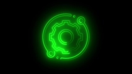Animated neon green gear cogwheel icon on black background for technology concepts and settings