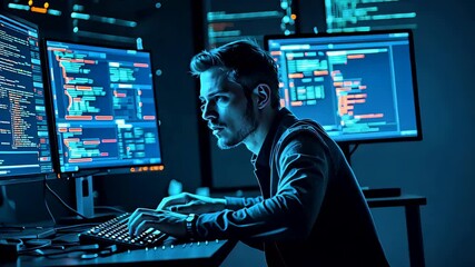 Programmer Working at Night on Multiple Monitors with Code Display