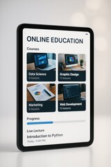 Tablet displaying online education courses like Data Science and Web Development.