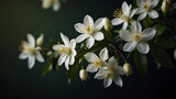 White jasmine flowers on dark green background, soft lighting, elegant minimal style, evoking calm and purity.