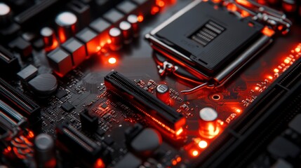 Fototapete - Close-up of illuminated computer motherboard components.