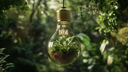 Poster - A lightbulb terrarium with lush greenery inside, hanging in a vibrant jungle setting.