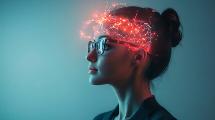 Aufkleber - Woman with glowing brain; concept of intelligence, ideas, creativity, and innovation.