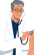 © DesignVectX - Male doctor using stethoscope to examine patient vector illustration in medical setting