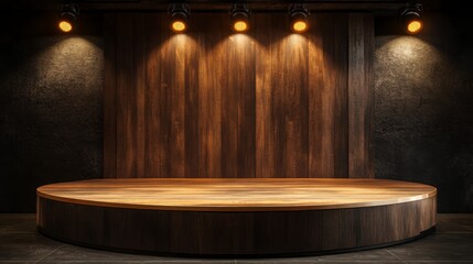 Aufkleber - Empty wooden stage with spotlights, perfect for product display or presentation.